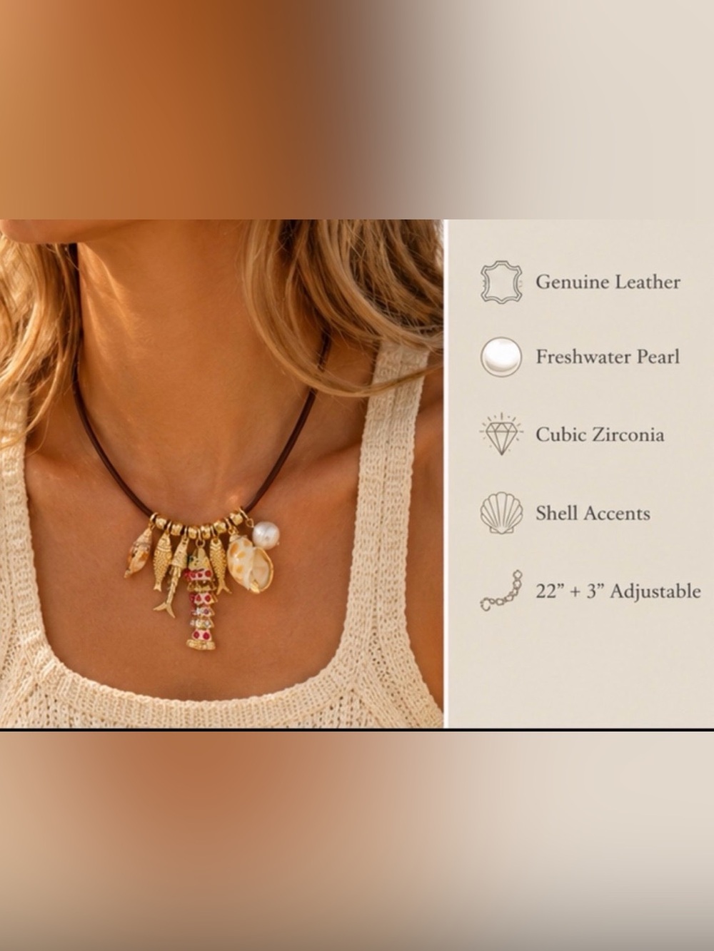 Atterri Coastal Chic Leather Necklace - Brown with Gold & Pearl Accents - Picture 2 of 13
